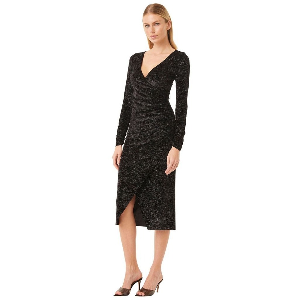 MISA Los Angeles Setarah Metallic Faux-Wrap Midi Dress Black Shimmer V-Neck Long